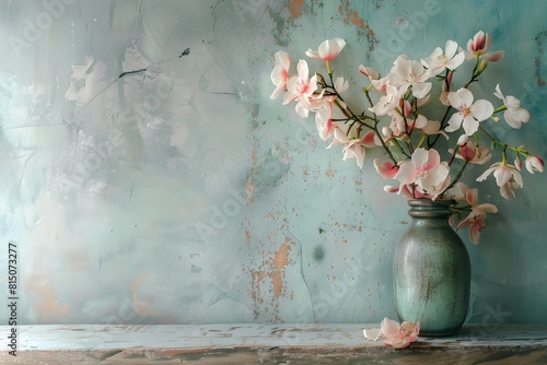 Pink flowers in a vase on a wooden board. A patinated wall in the background.