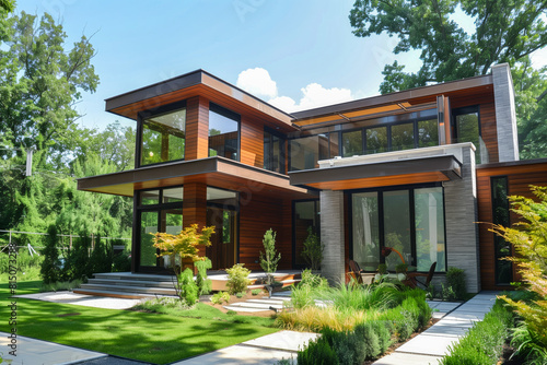 Large modern home with ample windows and extensive greenery