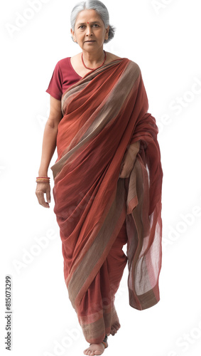 portrait of a mature senior elegant indian woman walking, wearing traditional sari dress, transparent, isolated on white background	