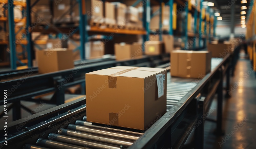 Box package on factory. Shipping of parcel packaging. Cargo manufacturing warehouse, logistics and delivery industry. Automation roll manufacture. Conveyor transportation and distribution Box package on factory. Shipping of parcel packaging. Cargo manufacturing warehouse, logistics and delivery industry. Automation roll manufacture. Conveyor transportation and distribution