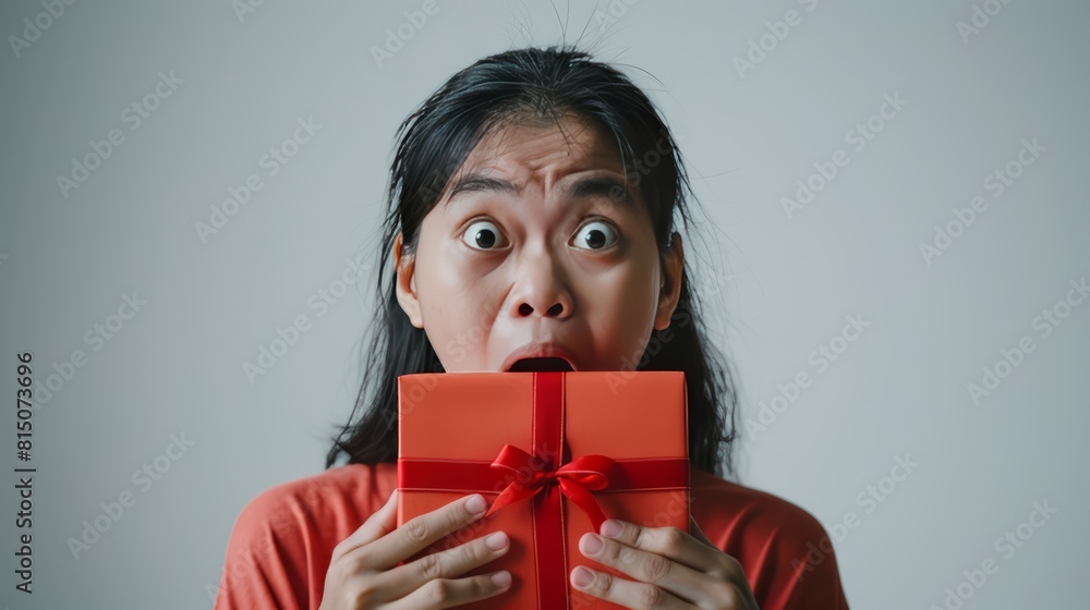 A person receives a surprise gift mouth agape in shocked happiness on white background A person receives a surprise gift mouth agape in shocked happiness on white background