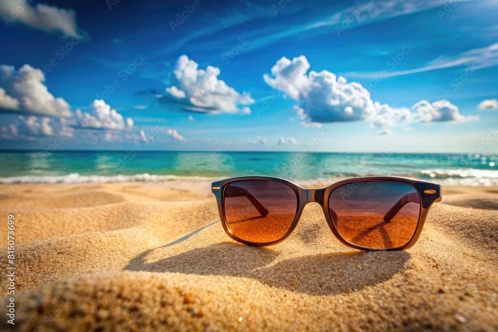 Sunglasses on the beach at beautiful sunny day. Vacation concept