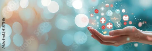 A hand seemingly interacts with floating healthcare icons, creating a concept of modern health management amid glowing bokeh lights