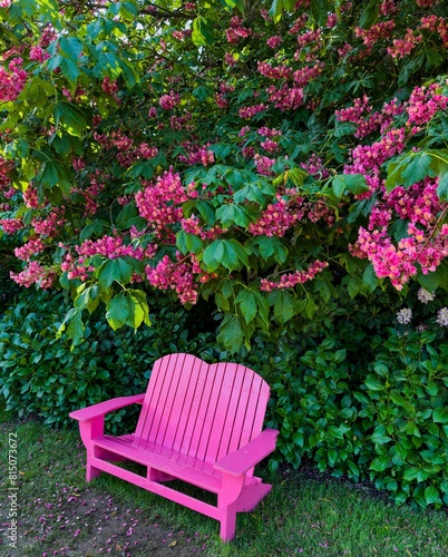 A bright red adirondack style bench and Colorful Red horse chestnut tree blossoms  in a graden in salem, Oregon