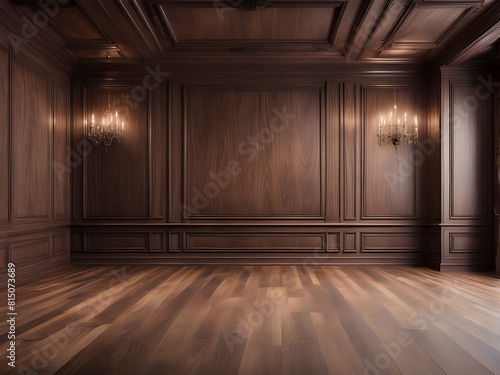  Premium style, an empty room with wooden boiserie on the wall featuring walnut wood panels. Wooden wall of an old-styled room design. 
