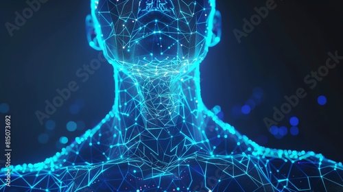 Generate a 3D rendering of a human body made of blue glowing lines. The body should be in a standing position with its head looking slightly upwards at an angle. photo