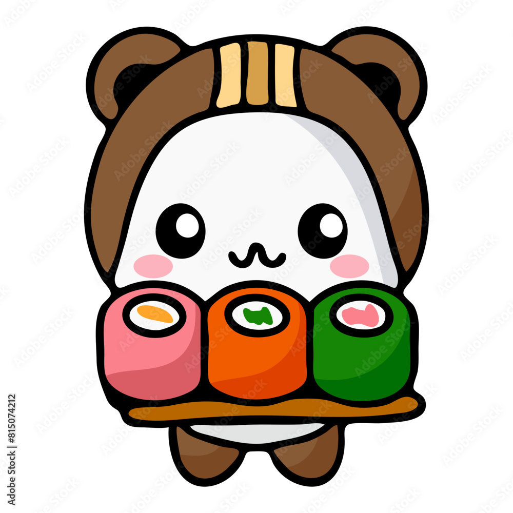 Naklejka premium A cute cartoon bear character holding sushi rolls