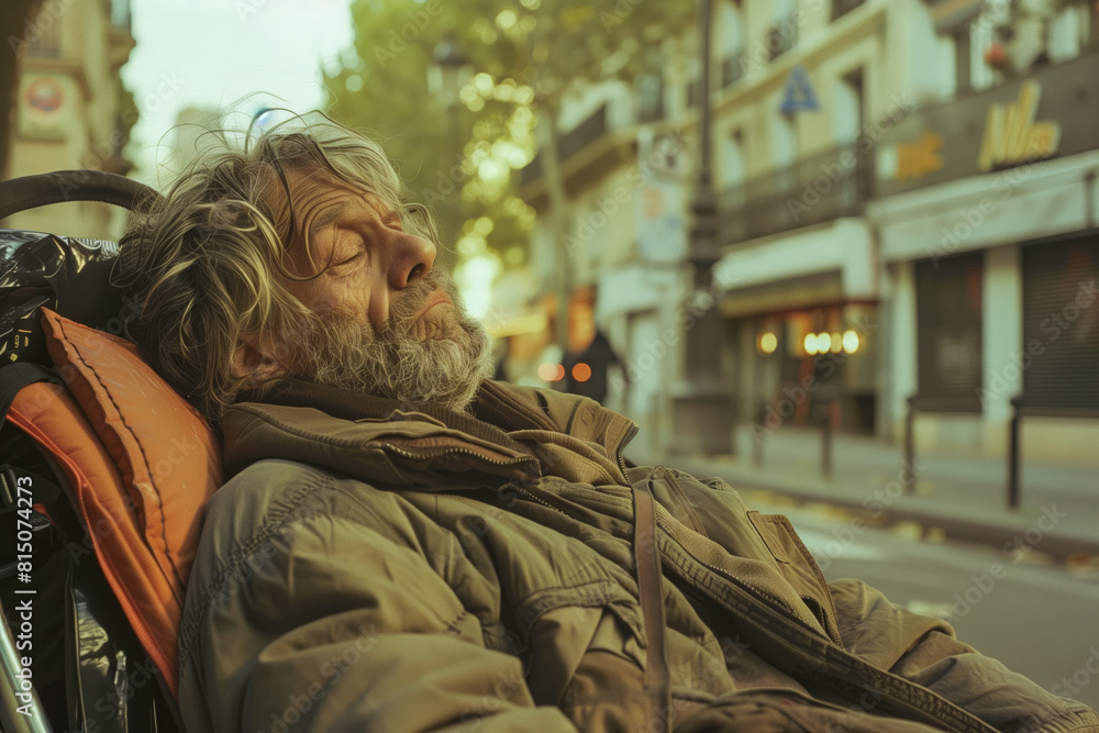 Fototapeta premium A man sleeping on bench in street
