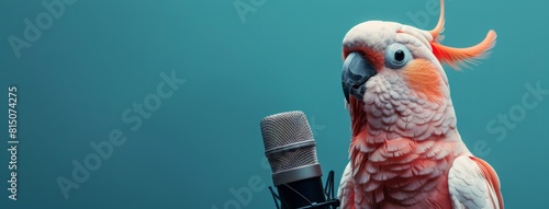 Parrot Standing Next to Microphone on Blue Background