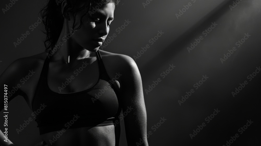 A fit woman showcases her toned physique in a sports bra A fit woman showcases her toned physique in a sports bra
