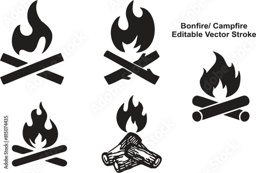 Emblem bonfire or campfire  logo design set in editable vector format. Burning bonfire with wood, eps 10.