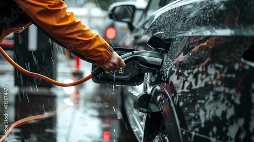 A person connecting a power supply cable to an electric vehicle in a rainy setting, showing the waterresistant features of the station