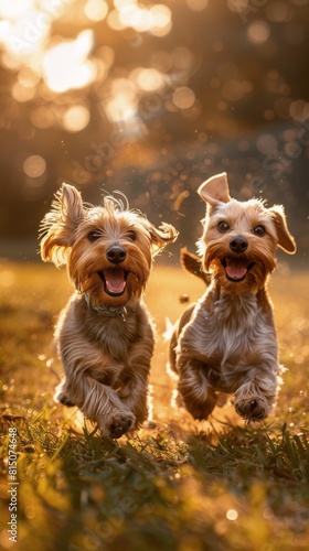 Two Small Dogs Running in a Grassy Field