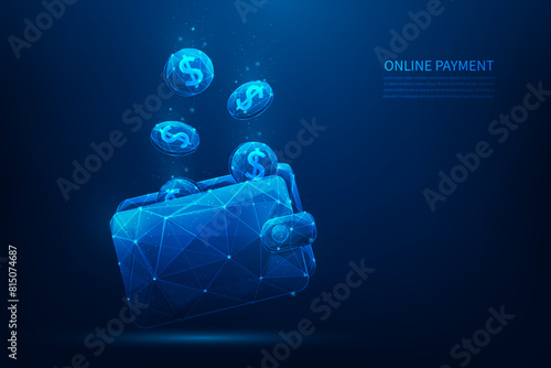 wallet and coin money payment technology low poly wireframe. cashback money refund. online banking transfer.vector illustration fantastic design.