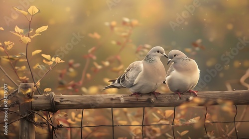 A pair of affectionate doves perched on a rustic fence, their gentle cooing a symbol of peace and harmony.