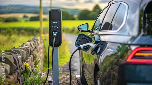 An electric car charging at a roadside charging point in a rural setting, with a clear view of the power supply unit and connector photo