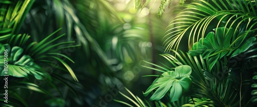 Tropical Leaves In The Primal Forest Of Costa Rica Are Described. With Copy Space   Background