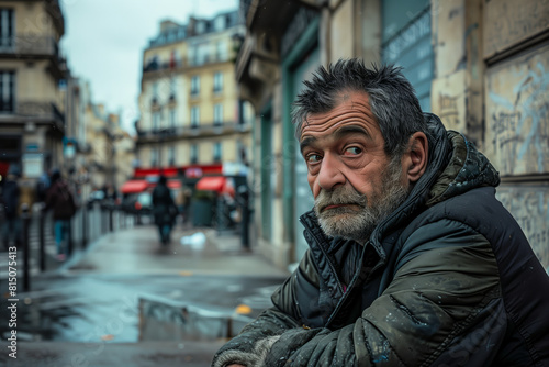 Man sitting on bench in city street © Tymofii