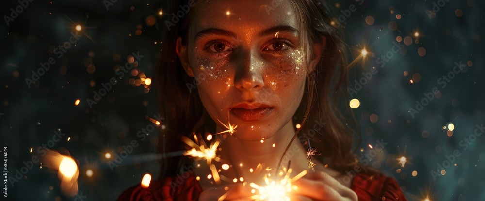 Woman Holding A Fire Sparkler. With Copy Space , Background Woman Holding A Fire Sparkler. With Copy Space , Background
