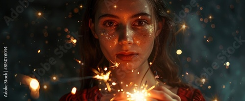 Woman Holding A Fire Sparkler. With Copy Space , Background