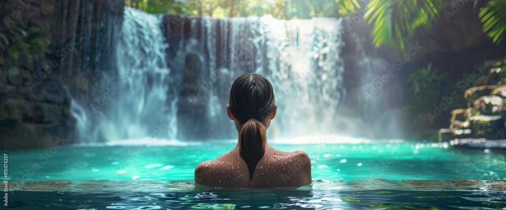 Woman In A Swimming Pool Watching A Beautiful Waterfall. With Copy Space , Background Woman In A Swimming Pool Watching A Beautiful Waterfall. With Copy Space , Background