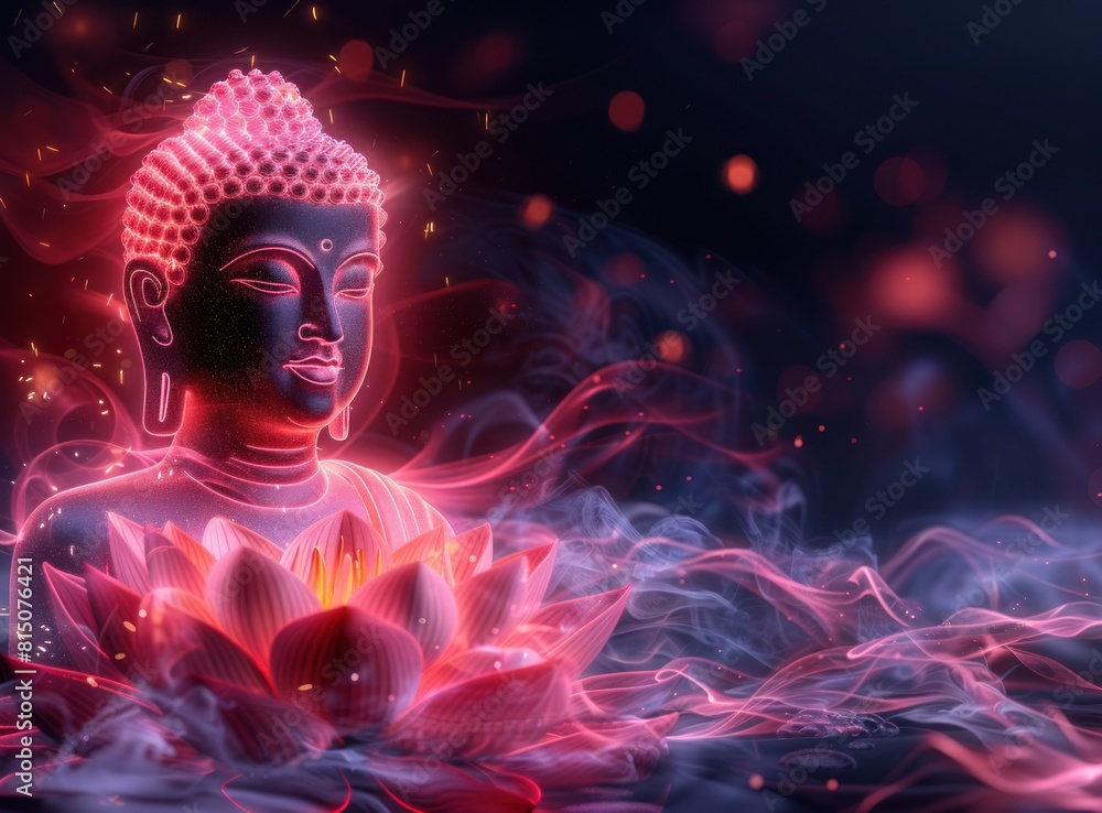 Sitting Buddha and lotus flower on fluorescent neon smoke around background with copy space Sitting Buddha and lotus flower on fluorescent neon smoke around background with copy space