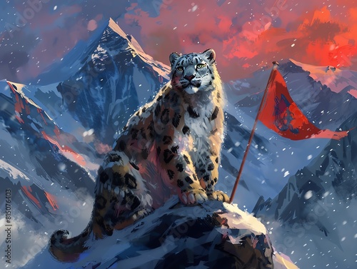 A digital artwork of a snow leopard with the Himalayan mountains and the Nepali flag as the background