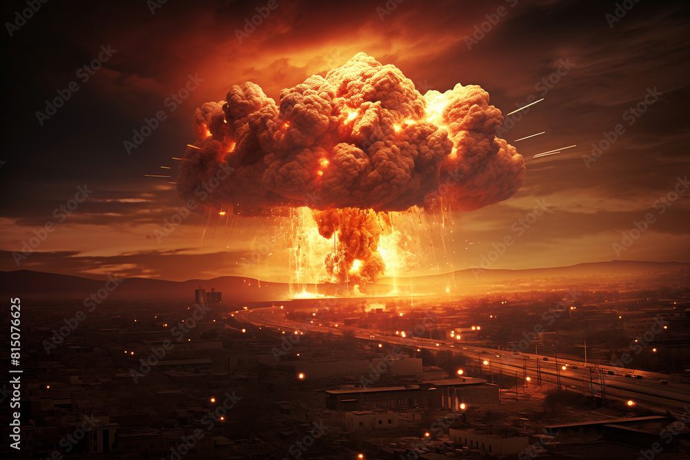 An explosion in a town's skyline making a nuclear fire mushroom cloud in an apocalyptic war. Nuclear explosion of atomic bomb, nuclear war An explosion in a town's skyline making a nuclear fire mushroom cloud in an apocalyptic war. Nuclear explosion of atomic bomb, nuclear war