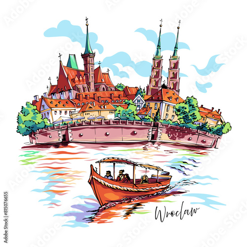 Vector sketch of Cathedral Island, Cathedral and church of Holy Cross in Wroclaw, Poland