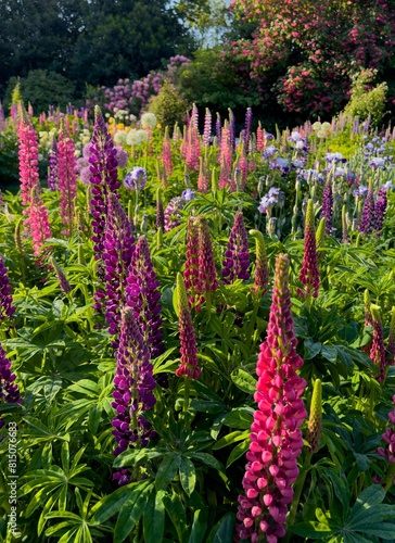 Colorful Iris and lupine blossoms  in a graden in salem, Oregon