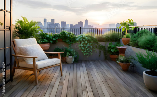 Beautiful balcony or terrace with wooden floor  chair  green potted flowers plants. Stylish balcony home terrace with city background