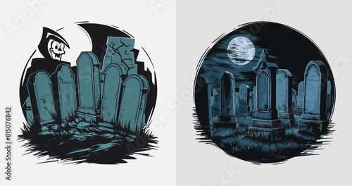 Ghostly gravestones glow in misty shadows vector set