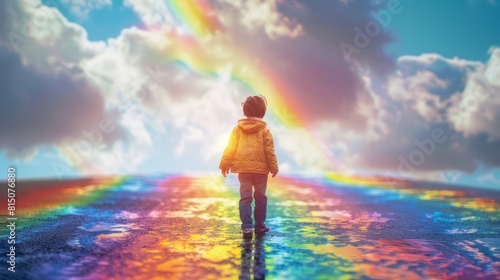 A child in rainbow coloured imaginary world. Child mental health concept. ASD, autism spectrum disorder awareness concept. Asperger's syndrome, early intervention. hyper realistic 
