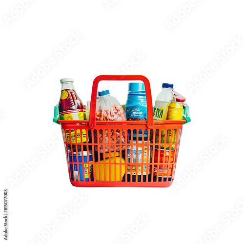 Shopping basket with cleaning products and Supplies in Basket Different cleaning products in plastic basket isolated on transparent background online shopping concept