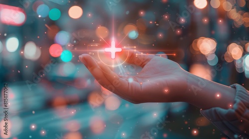 A hand holds a plus icon for medical care, indicating advantages. Health insurance health concept featuring access to welfare health and room for content. hyper realistic 