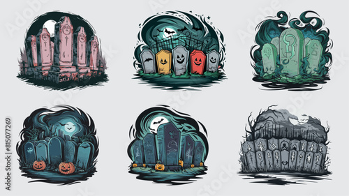 Ghostly gravestones glow in misty shadows vector set