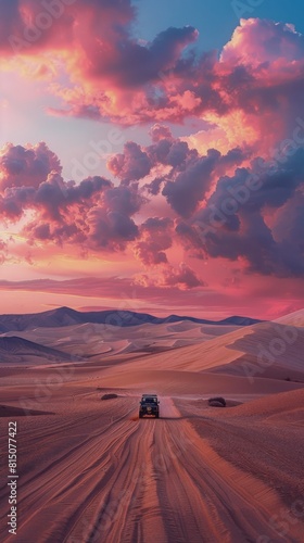 Truck Driving Through Desert With Sand Dunes