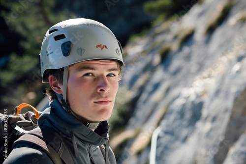 Rock climber wearing a safety helmet outdoors © gearstd
