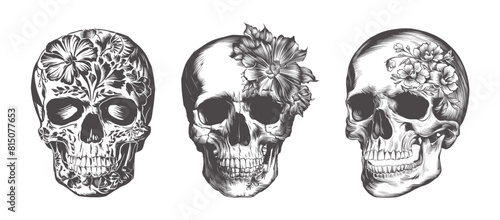 Scary skull with flowers vintage vector, Generative AI
