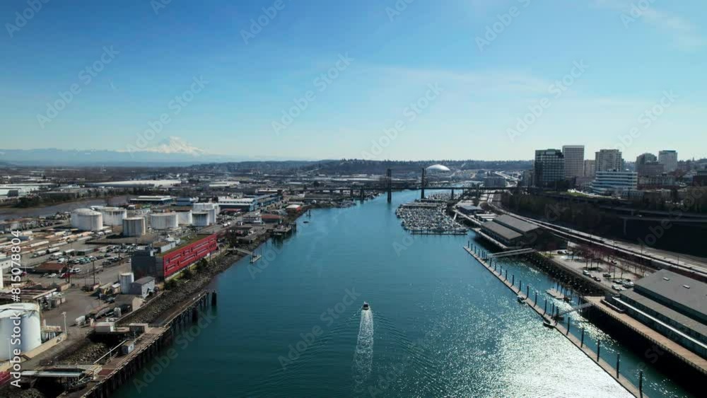 Port of Tacoma Aerial Following Boat with Mt Rainier Background Port of Tacoma Aerial Following Boat with Mt Rainier Background