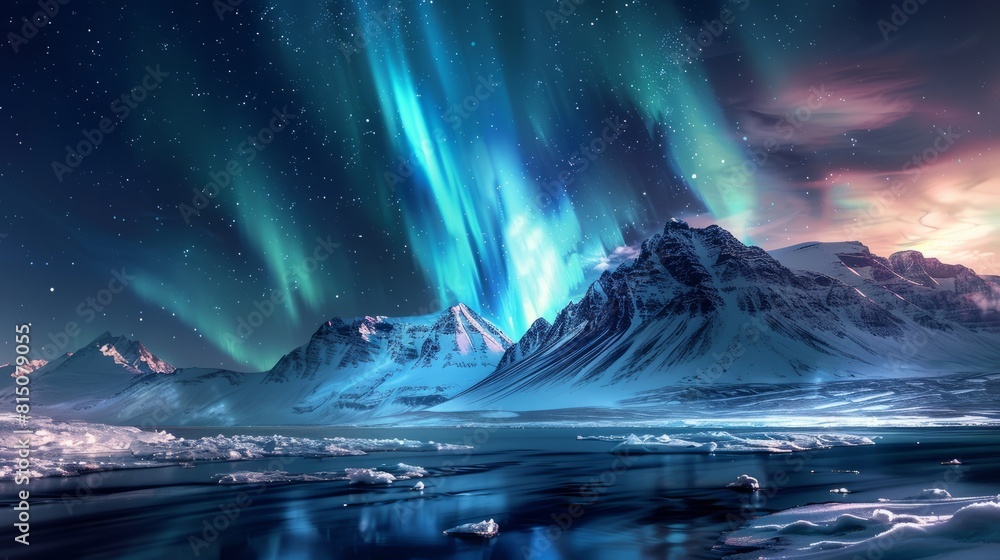 Beautiful landscape of an Aurora Borealis, Northern Lights hyper realistic 