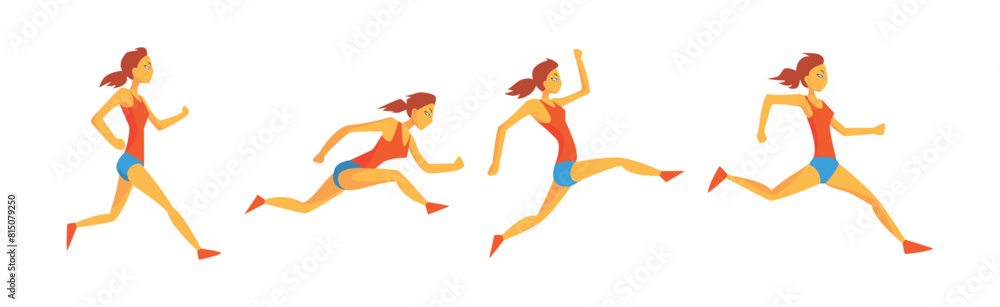 Woman Run Marathon Race Moving Fast and Sprinting Vector Set