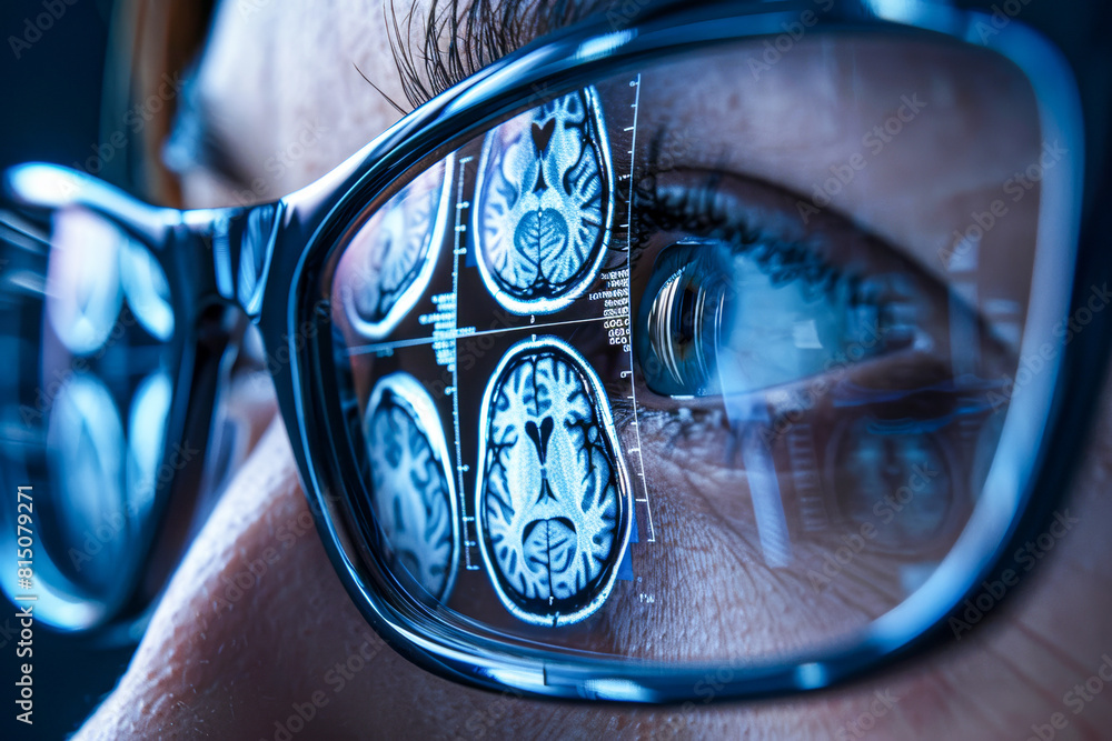 The radiologist looks at the X-ray results, the image is reflected in the glasses The radiologist looks at the X-ray results, the image is reflected in the glasses