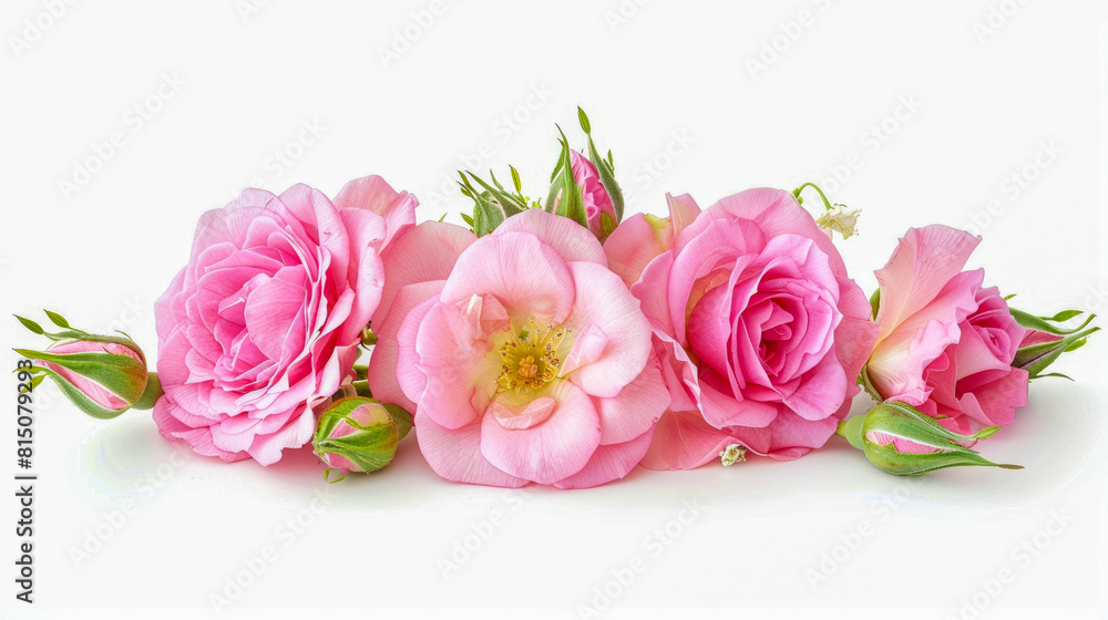 Pink roses eustoma and green leaves on white background Pink roses eustoma and green leaves on white background