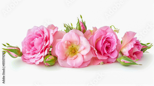 Pink roses eustoma and green leaves on white background