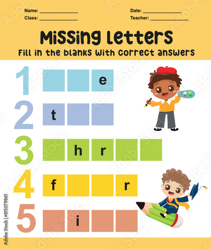Missing letters worksheet. Complete the letters for number in English. Kids educational game. Printable worksheet for preschool. Writing practice. 