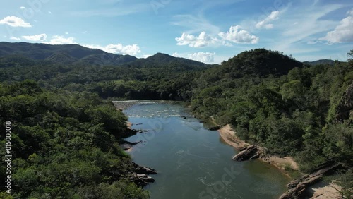 aerial view of O Encontro das Água, a tourist site where the São Miguel River and the Tocantinzinho River meet, in the city of Colinas do Sul, in the interior of Goiás, Chapada dos Veadeiros, Brazil photo