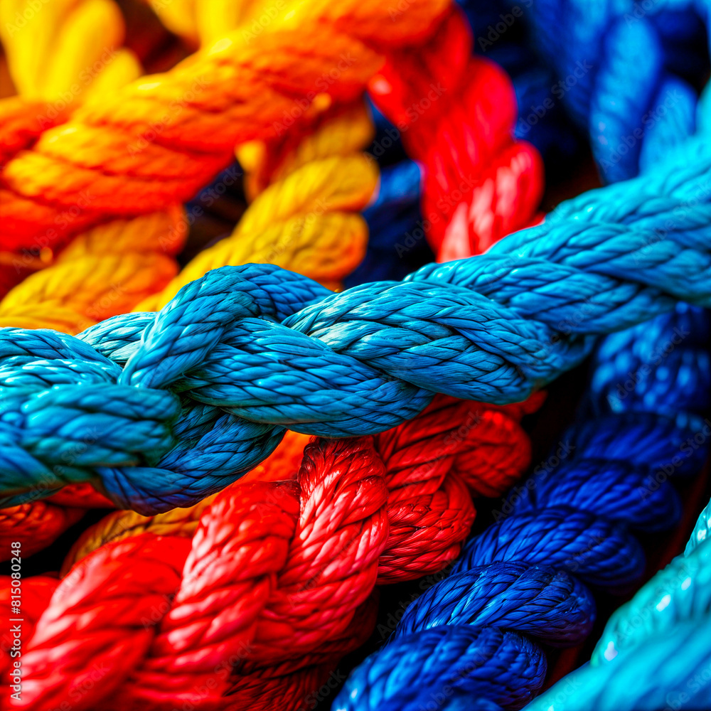 Red, yellow and blue ropes in a pile