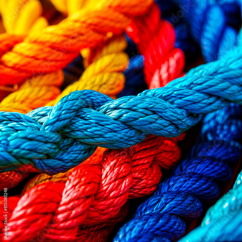 Red, yellow and blue ropes in a pile
