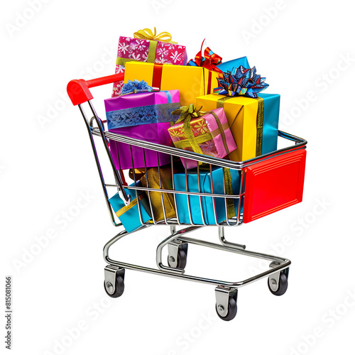 A shopping cart filled edge to edge filled gift-wrapped boxes Gift boxes with red bows in a supermarket trolley isolated on transparent background online shopping concept